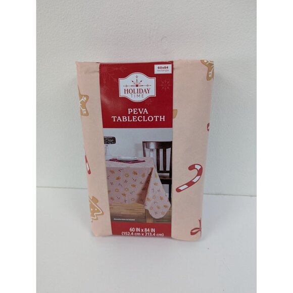 Holiday Time Peva Tablecloth 60" X 84" Rectangular Gingerbread & Candy Cane Desi - Picture 1 of 6